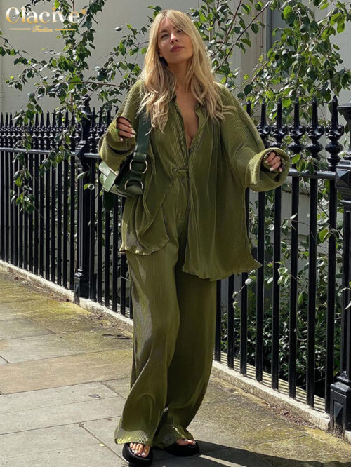 Clacive Elegant Green Pants Set Women Autumn Long Sleeve Blouses Matching Wide Trousers Suit Loose Shirts Two Piece Pant Set 2