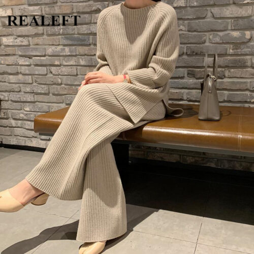 REALEFT 2021 Autumn Winter 2 Pieces Women Sets Knitted Tracksuit O-Neck Split Sweater and Wide Leg Jogging Pants Pullover Suits 1