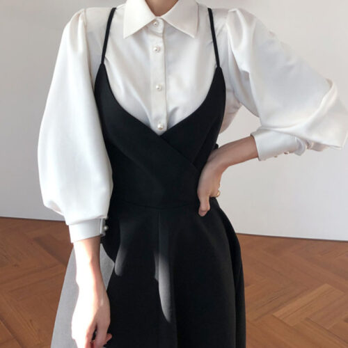 Sister Fara New Spring Dress 2022 Women Single Breasted Lantern Sleeve Shirt Set+Camisole Bow Pleated Solid Dresses 4