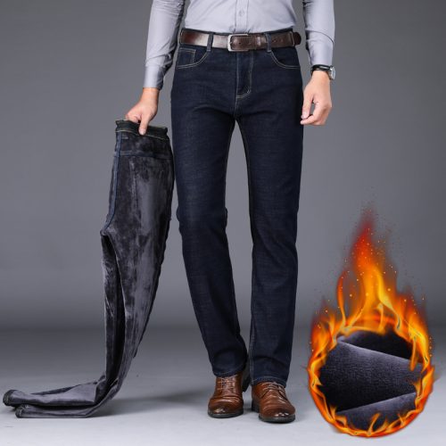 2022 Winter New Men's Warm Slim Fit Jeans Business Fashion Thicken Denim Trousers Fleece Stretch Brand Pants Black Blue 3