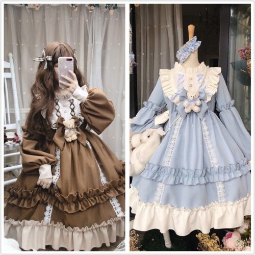 Japanese Gothic Lolita Dress Women Kawaii Bow Bear Lace Blue Dress Long Sleeve Princess Dress Halloween Costume Gift For Girls 5