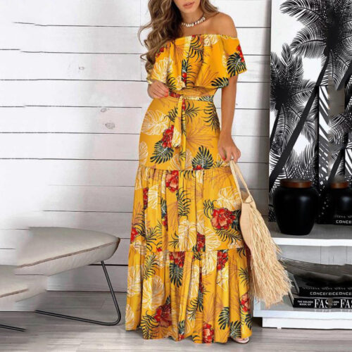 2021 New Fashion Leopard Robe Print Long Dress Ruffle Maxi Sundress Bohemian Women Summer Sexy Casual Elegant Strapless Vestidos 3