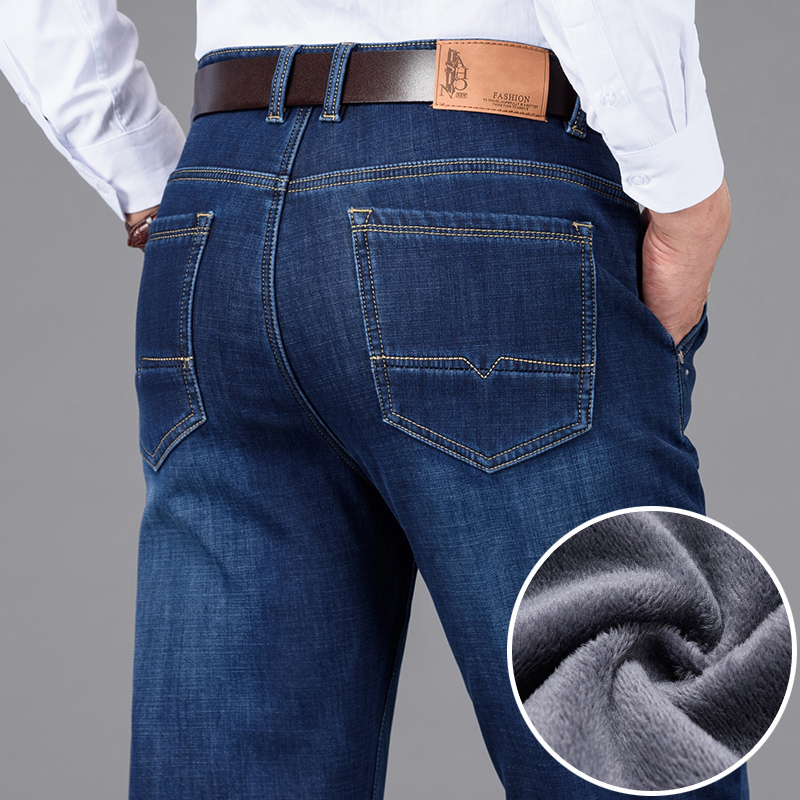 Classic Style Winter Men's Warm Business Jeans Fashion Casual Denim Stretch Cotton Thick Fleece Denim Pants Male Brand Trousers 1