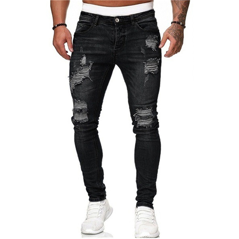 Mens Ripped Skinny Jeans Blue Slim Fit Hole Pencil Pants Casual Biker Trousers Streetwear 2021 High Quality Denim Man Clothing 2