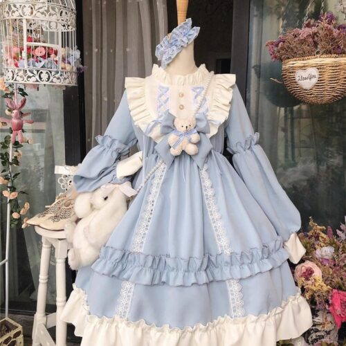 Japanese Gothic Lolita Dress Women Kawaii Bow Bear Lace Blue Dress Long Sleeve Princess Dress Halloween Costume Gift For Girls 1