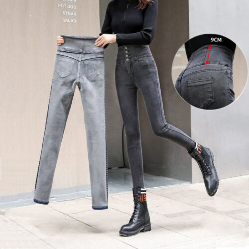 streetwear High Waist thickening skinny denim pants women plus size warm stretch Pencil jeans Mom's slim waist velvet jeans 3