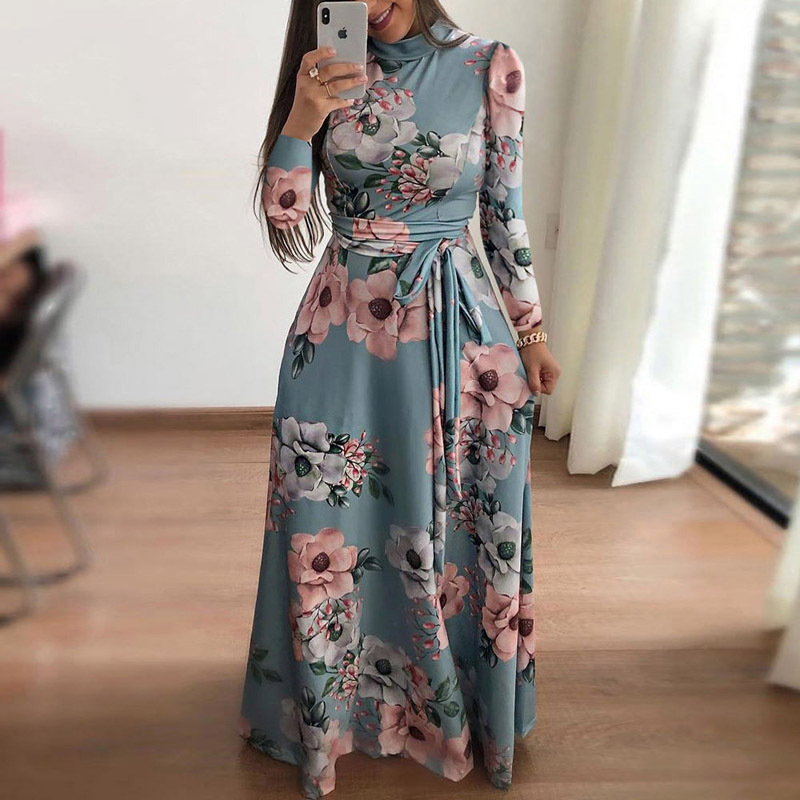 Plus Size Autumn And Winter Women's New Style 2021 Dress Print Street Long-sleeved High-neck Tie Long Casual 1