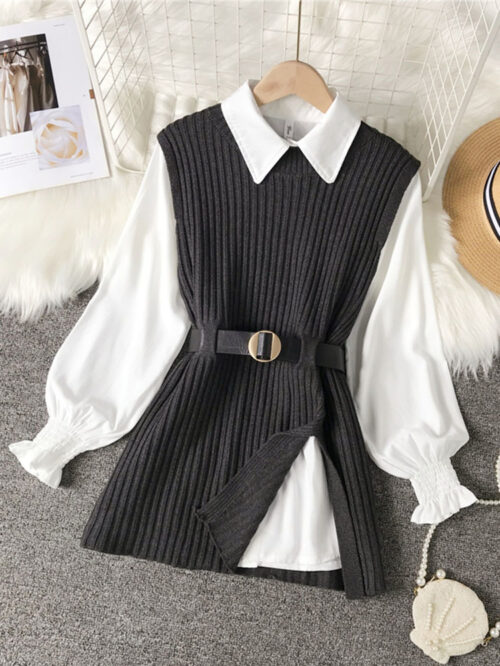 spring autumn women's lantern sleeve shirt knitted vest two piece sets of College style waistband vest two sets top UK900 6