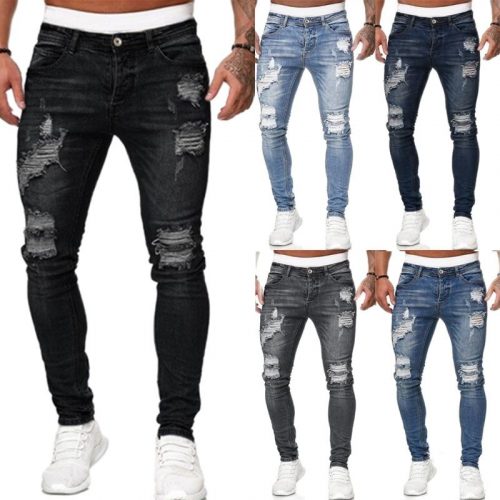 2022 Jeans Men Ripped Skinny Hole Trousers Stretch Slim Denim Pants Large Size Hip Hop Black Blue Casual Jogging Jeans for Men 1