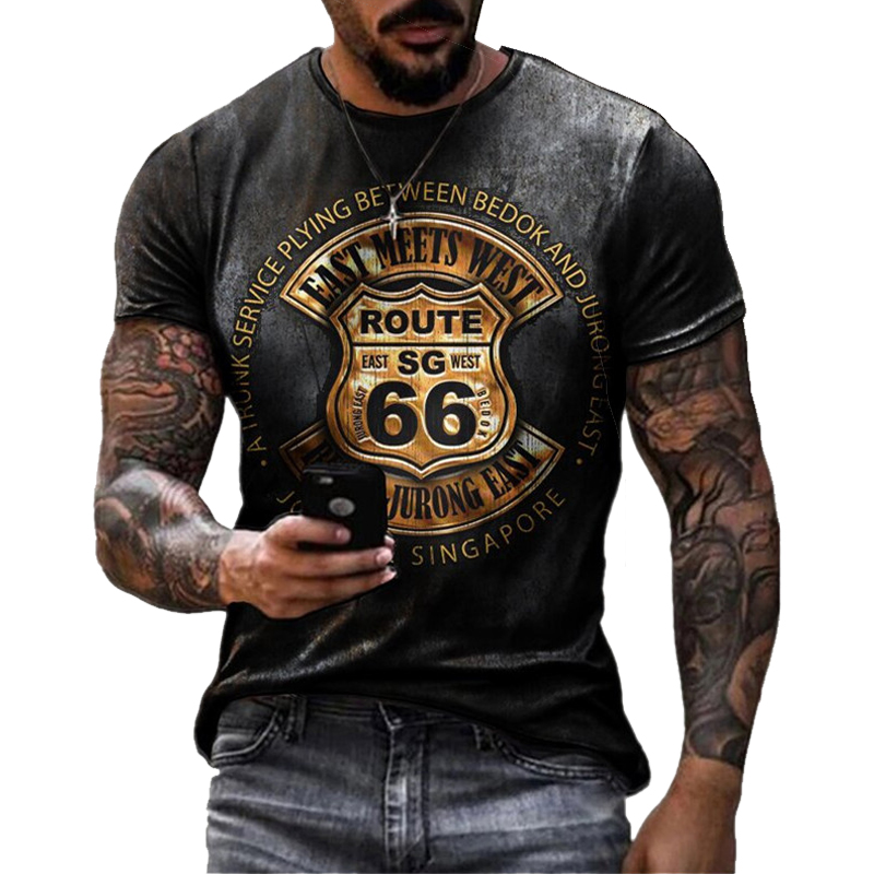 Summer New Mens T Shirts Oversized Loose Clothes Vintage Short Sleeve Fashion America Route 66 Letters Printed O Collared Tshirt 1