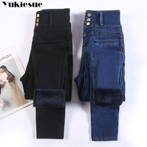 2021 Women Winter Fleece Jeans New Solid Warm Thicken Denim Pencil Pants Fashion Skinny Jean Pants Sexy Slim Trousers plus size 4