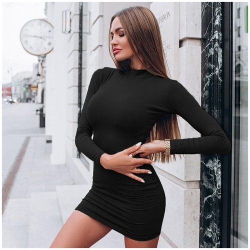 Autumn Sexy Solid Color Turtleneck Skinny Mini Dress Women Fall  Keep Warm Long Sleeve Slim Dress 1