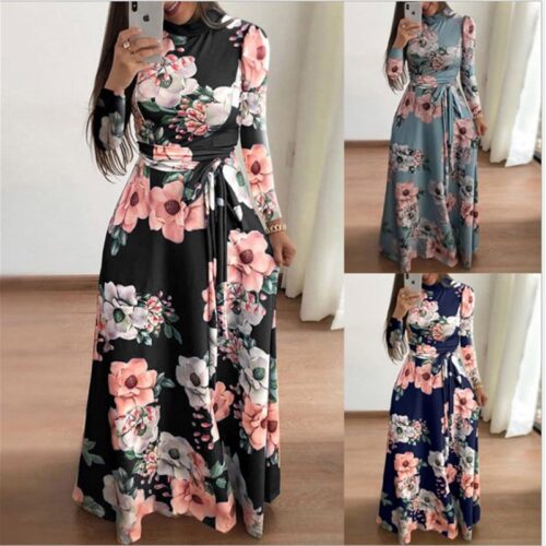 Plus Size Autumn And Winter Women's New Style 2021 Dress Print Street Long-sleeved High-neck Tie Long Casual 2