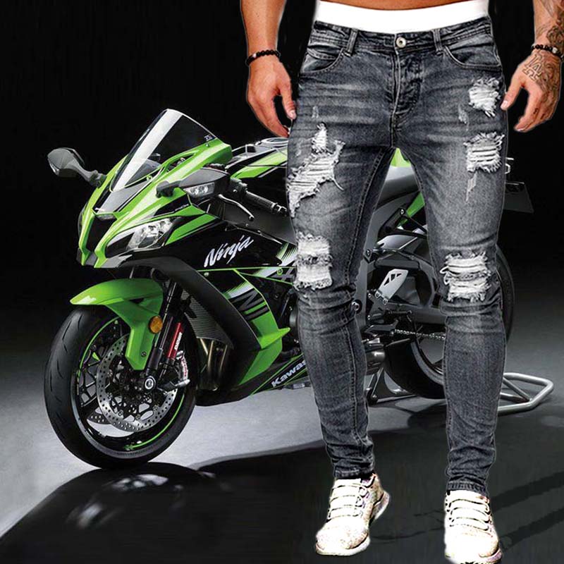 Mens Ripped Skinny Jeans Blue Slim Fit Hole Pencil Pants Casual Biker Trousers Streetwear 2021 High Quality Denim Man Clothing 1