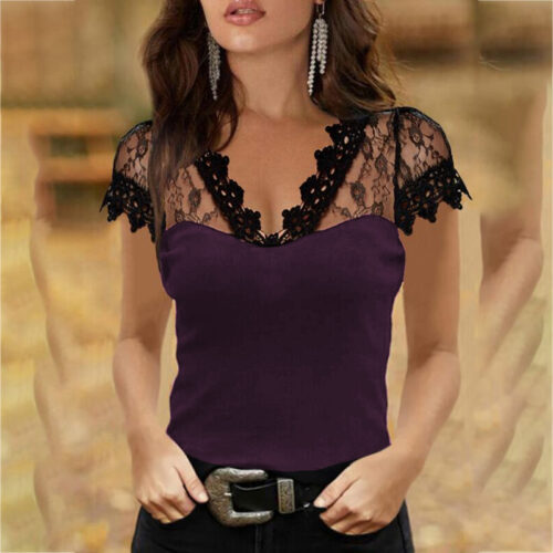 Plus Size 5XL Casual V-neck Lace Short Sleeve T-shirt for Women Spring Winter Clothes Y2K Sexy Solid Tee Shirt Office Lady Top 3