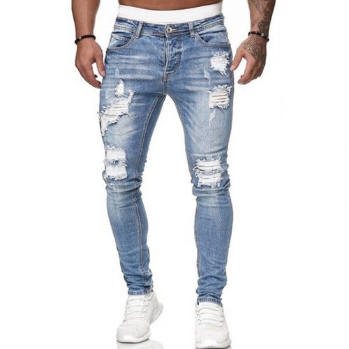 2022 Jeans Men Ripped Skinny Hole Trousers Stretch Slim Denim Pants Large Size Hip Hop Black Blue Casual Jogging Jeans for Men 5