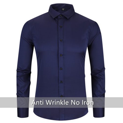 Anti-Wrinkle No-Ironing Elasticity Slim Fit Men Dress Casual Long Sleeved Shirt White Black Blue Red Male Social Formal Shirts 3