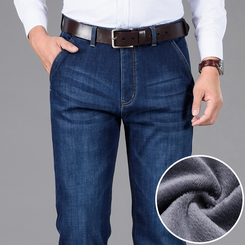 Classic Style Winter Men's Warm Business Jeans Fashion Casual Denim Stretch Cotton Thick Fleece Denim Pants Male Brand Trousers 2