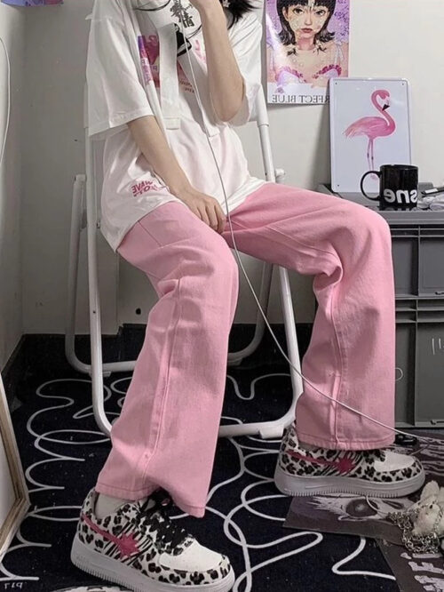 HOUZHOU Y2K Baggy Pink Jeans Women Kawaii Korean Fashion Oversize Low Rise Wide Leg Denim Pants Streetwear Loose Trousers Alt 4