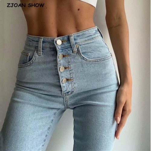 2020 Vintage Skinny Four Buttons High Waist Pencil Jeans Women Slim Fit Stretch Denim Pants Full Length Denim Tight Trousers 1