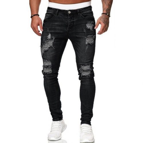 2022 Jeans Men Ripped Skinny Hole Trousers Stretch Slim Denim Pants Large Size Hip Hop Black Blue Casual Jogging Jeans for Men 2