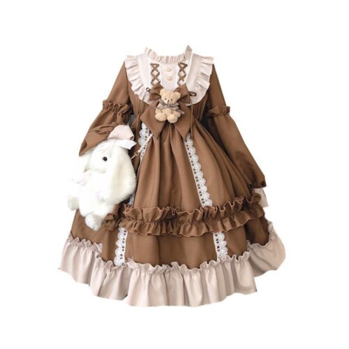 Japanese Gothic Lolita Dress Women Kawaii Bow Bear Lace Blue Dress Long Sleeve Princess Dress Halloween Costume Gift For Girls 6