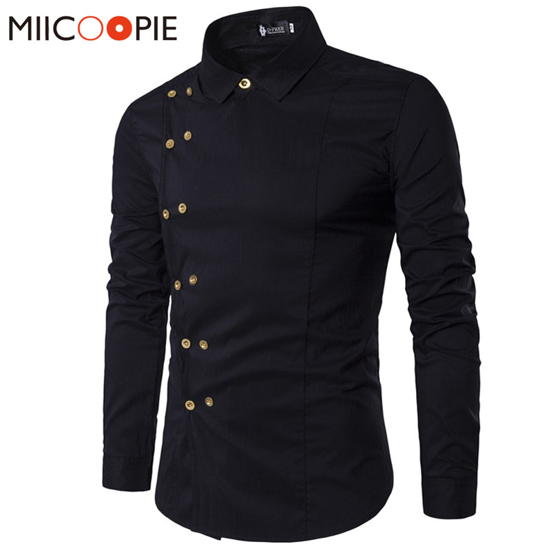 Spring Shirts Men Personality Oblique Button Irregular Double Breasted Men  Long Sleeve Camisa Masculina Male Slim Fit Shirt 1