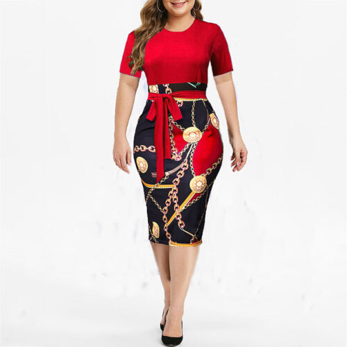 Vintage Print Plus Size Knee-length Dress Womens Summer Short Sleeve Midi Elegant Dresses Summer Sexy High Waist Robe 2021 3