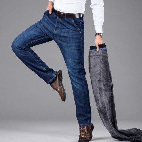 Classic Style Winter Men's Warm Business Jeans Fashion Casual Denim Stretch Cotton Thick Fleece Denim Pants Male Brand Trousers 5