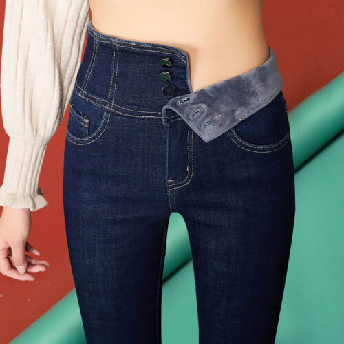 streetwear High Waist thickening skinny denim pants women plus size warm stretch Pencil jeans Mom's slim waist velvet jeans 5