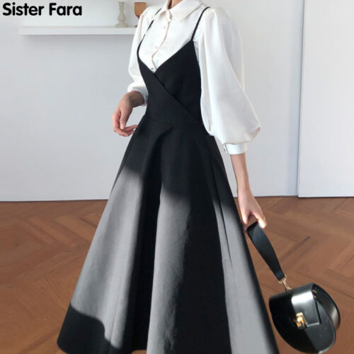 Sister Fara New Spring Dress 2022 Women Single Breasted Lantern Sleeve Shirt Set+Camisole Bow Pleated Solid Dresses 1