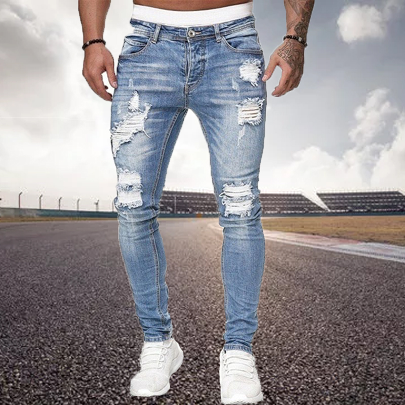 Mens Ripped Skinny Jeans Blue Slim Fit Hole Pencil Pants Biker Casual Trousers Streetwear 2020 High Quality Denim Man Clothing 2