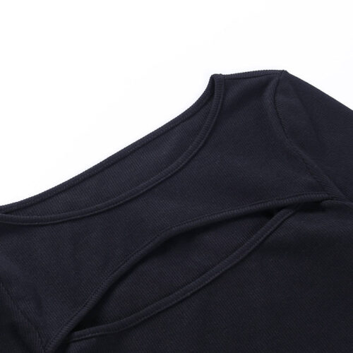 2021 Autumn Fashion Women Sexy Hollow Out Slim Fit Long Sleeve Casual Round Neck Shirt Solid Black Tops T Shirt 5 Colors 6