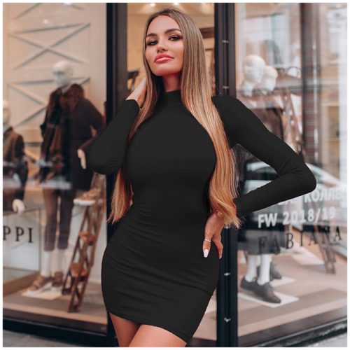 Autumn Sexy Solid Color Turtleneck Skinny Mini Dress Women Fall  Keep Warm Long Sleeve Slim Dress 5