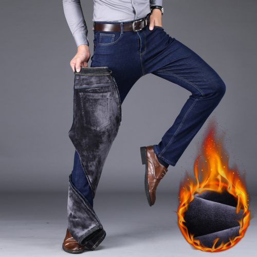 2022 Winter New Men's Warm Slim Fit Jeans Business Fashion Thicken Denim Trousers Fleece Stretch Brand Pants Black Blue 2