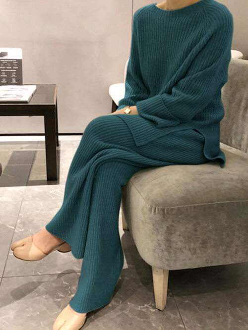 REALEFT 2021 Autumn Winter 2 Pieces Women Sets Knitted Tracksuit O-Neck Split Sweater and Wide Leg Jogging Pants Pullover Suits 4