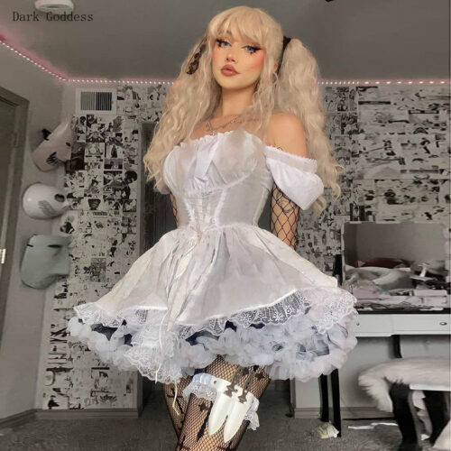 Japanese Lolita Princess Black Gothic Sexy Mini Bad Girl Dress Kawaii High Waist Puff Sleeve Lace Ruffles White Party Robe Women 5