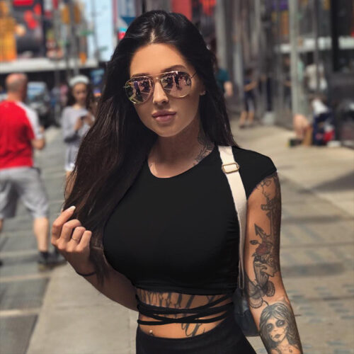 2021 Summer Women Black Short T-Shirts Sexy Crop Tops Short Sleeve Bandage Tee Tops Female Shirts 3