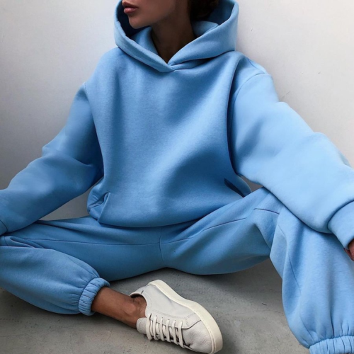 Women Fleece Two Piece Sets Elegant Solid Color Oversized Warm Hoodies and Long Pant Sports Suit Autumn Winter Tracksuit 2021 3