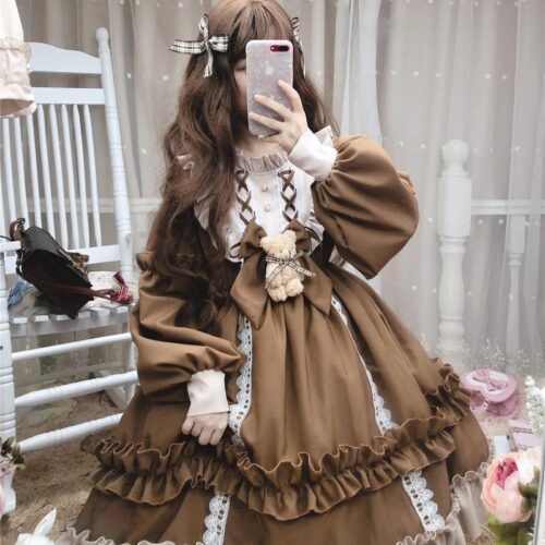 Japanese Gothic Lolita Dress Women Kawaii Bow Bear Lace Blue Dress Long Sleeve Princess Dress Halloween Costume Gift For Girls 4