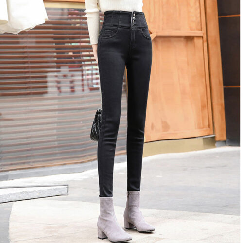 streetwear High Waist thickening skinny denim pants women plus size warm stretch Pencil jeans Mom's slim waist velvet jeans 4