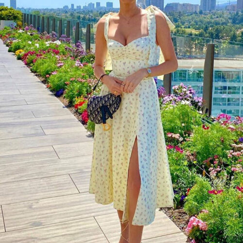 Summer Spring Floral Dress Women's Sexy Casual Fashion Sundress Midi Slip Backless Pleated Slit White Yellow Lace-up Flowers 5